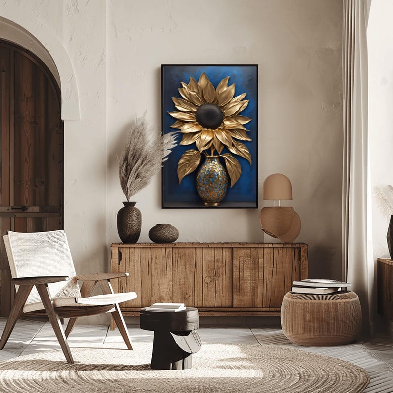 Van Gogh Sunflowers Gold Blue Contemporary Artwork, Abstract Gold Leaf