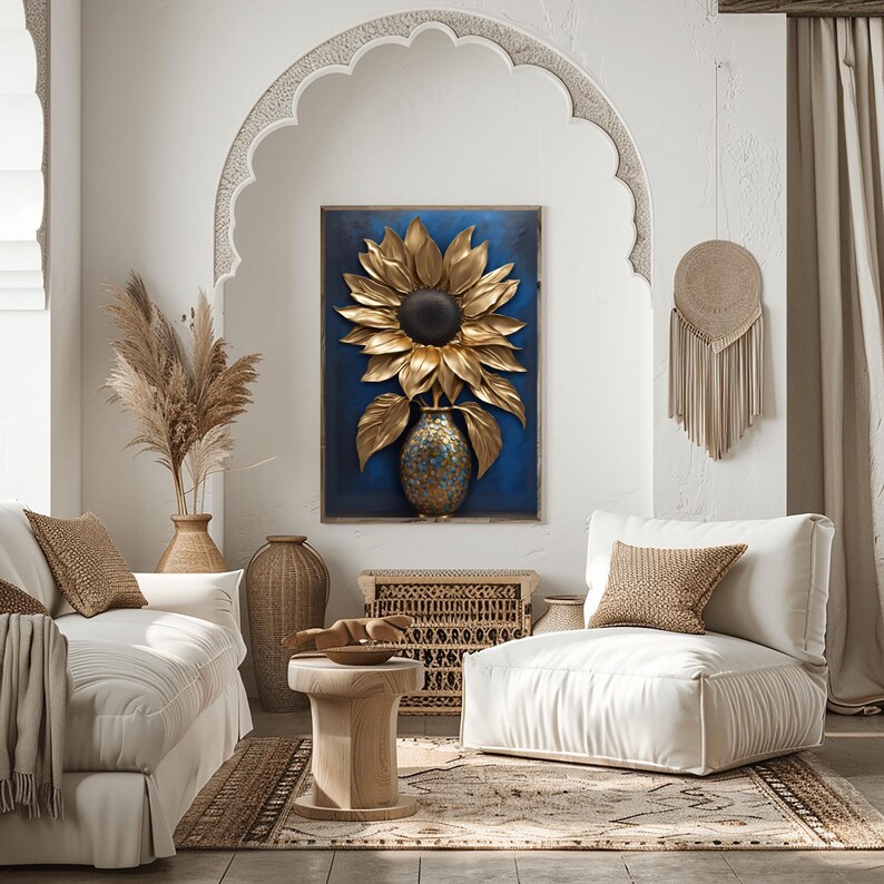 Van Gogh Sunflowers Gold Blue Contemporary Artwork, Abstract Gold Leaf