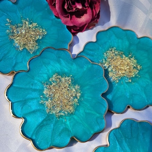 Dessous de verre en résine en forme de fleur turquoise, sous-verre de boisson et sous-verre décoratif pour votre maison ou un cadeau, cadeau d&#39;anniversaire de pendaison de crémaillère, sous-verre bleu sarcelle