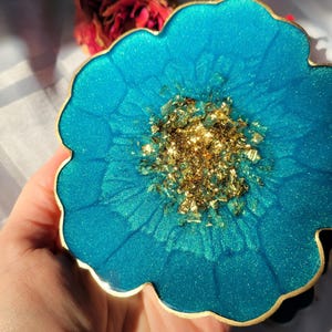 Dessous de verre en résine en forme de fleur bleu caraïbe, sous-bocks de boisson et sous-bocks décoratifs pour votre maison ou cadeau, sous-bocks de café, gif de pendaison de crémaillère