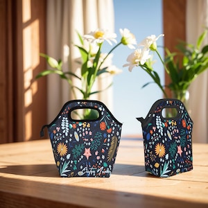 Könnte beinhalten: Zwei schwarze Lunchbags mit einem Blumenmuster. Die Taschen haben einen schwarzen Griff und einen Reißverschluss. Die Taschen stehen auf einem Holztisch.