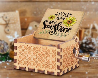 You Are My Sunshine Music Box Sunflower,Vintage Wooden Hand Crank Musical Box Birthday Anniversary Valentines Personalized Gift for her him.