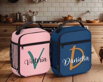 Bolsa de almuerzo personalizada con nombre inicial, regalo para el Día de la Madre, bolsa de almuerzo con aislamiento personalizado con cremallera para niñas y niños, almuerzo impermeable para la escuela