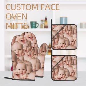 Customized Face Photo Oven Mitts, Personalized Photo Pot Holders, Oven Mitt Pot Holders Set of Four, Custom Face Mitt, Kitchen Oven Mitten