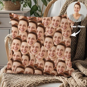 May include: A decorative throw pillow with a pattern of many faces. The pillow is beige and the faces are all smiling. The text "Your Photo" is visible in the upper right corner of the image.