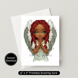 Black Angel Girl Greeting Card + Postcards | Printable 5x7 Spiritual Card Set | Red Braids Angel Art | HoodWit Greetings