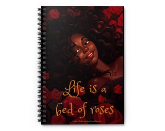 Diário Espiral Black Girl | Caderno Life Is a Bed of Roses | Presente de Diário de Arte Afro | Estética de Rosas | Saudações HoodWit