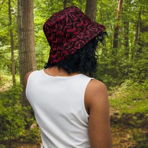 Spooky Blood Red Gothic Vampire Bats Watercolor Hand Painted Pattern Reversible Bucket Hat