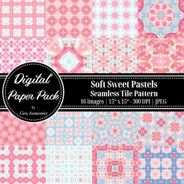 Soft Sweet Pastels Watercolor Seamless Tile Pattern Bundle, Colorful Mosaic Tile Wallpaper, Instant Download Digital Paper Printable