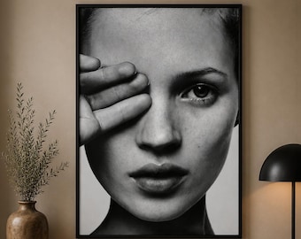 Póster famoso de Kate Moss, póster de revista de moda vintage, arte en lienzo de moda retro, impresión de moda de lujo, arte de pared moderno, blanco y negro antiguo