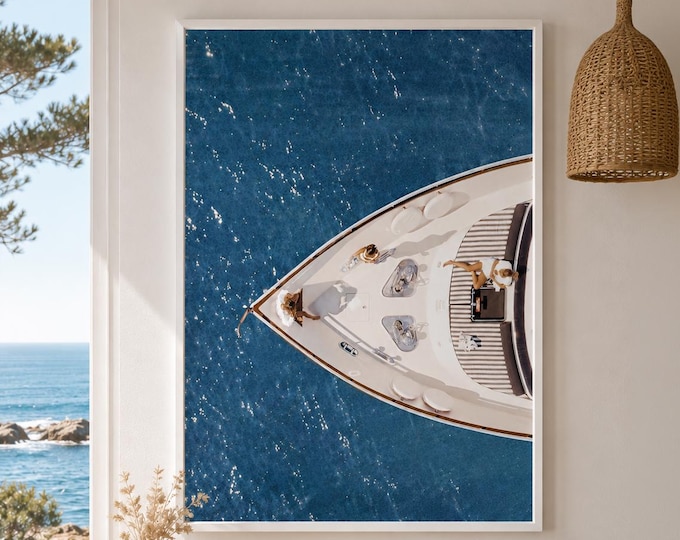 Luxury Yacht Poster, Aerial Boat Photography Print, Coastal Luxury Wall Art, Mediterranean Decor, Fashion Editorial Canvas