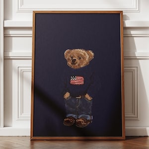 Poster da parete Polo Bear, poster di riviste di moda vintage, poster da parete retrò vintage Teddy Bear, Polo Ralph stampabile, stampa di moda di lusso