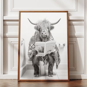 Highland Cow Funny Bathroom Wall Art - Black and White Farmhouse Decor - Quirky Animal Toilet Print - Rustic Modern Aesthetic for Home