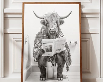 Highland Cow Funny Bathroom Wall Art - Black and White Farmhouse Decor - Quirky Animal Toilet Print - Rustic Modern Aesthetic for Home