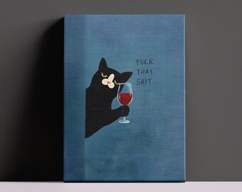 Abstract Wall Art, Absurd Canvas Art, Living Room, Prints Framed, Modern, Pop Culture Art, Street Art Canvas Painting, Leinwand, Wine, Cat