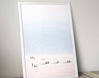 Minimal Beach Art Print – Abstract Ocean Waves with People, Modern Coastal Wall Art