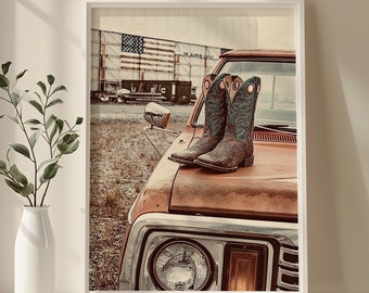 Vintage Cowboy Boots Poster - Rustic Canvas Wall Art - Americana Western Decor - Country Style Farmhouse Retro Classic Truck Design