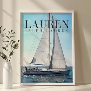 Vintage Ralph Lauren Blaue Yacht Segeln Poster, Nautische Wandkunst, Luxus Ozean Druck, Küsten Dekor, Maritime Ästhetik, Mode Druck