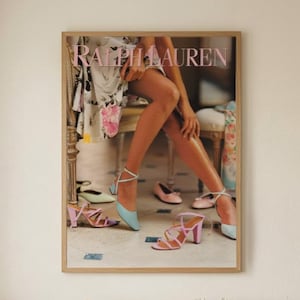 Vintage Ralph Lauren fashion poster featuring a floral dress and elegant blue heels in a timeless editorial style.