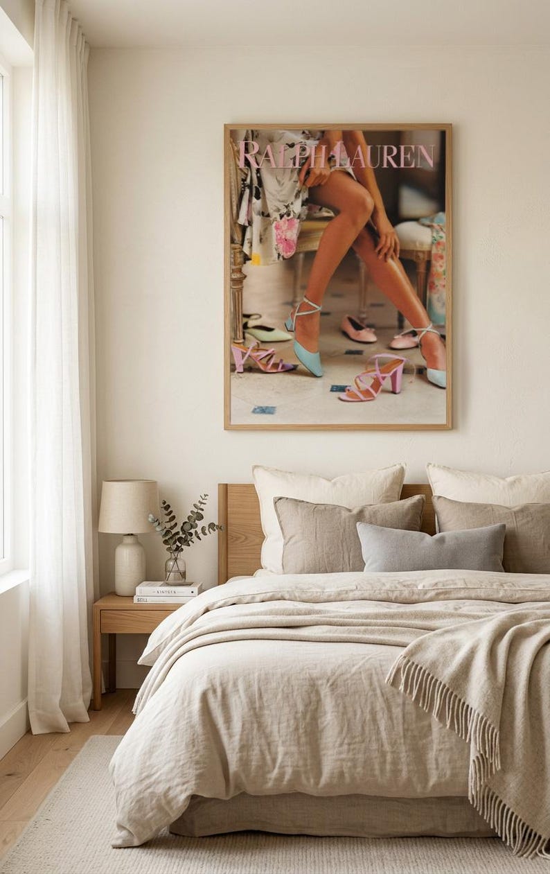 Vintage Ralph Lauren fashion poster featuring a floral dress and elegant blue heels in a timeless editorial style.