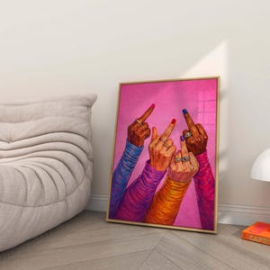 Rebel feminist artwork featuring middle finger gesture, colorful pop art illustration