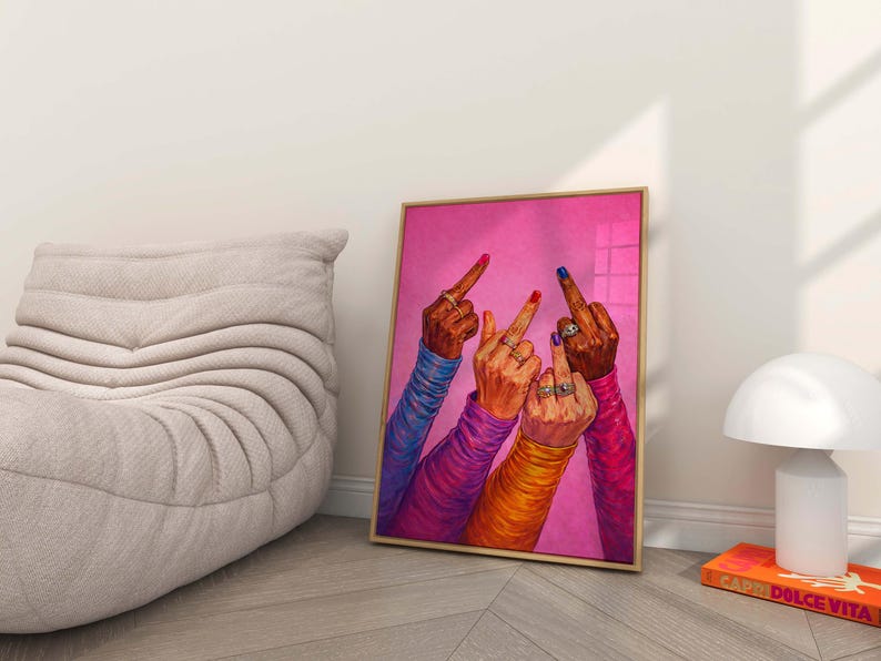 Rebel feminist artwork featuring middle finger gesture, colorful pop art illustration