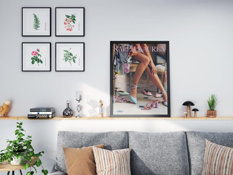 Vintage fashion magazine style wall art with floral dress imagery and sophisticated details.