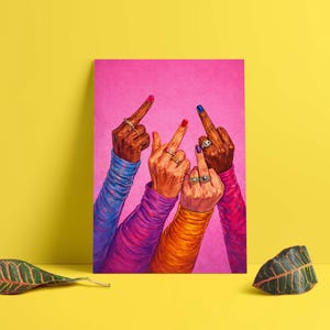 Statement feminist artwork with hands and bold colors, modern wall decor