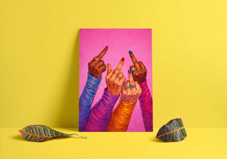Statement feminist artwork with hands and bold colors, modern wall decor