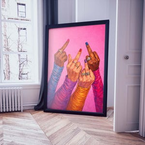 Colorful feminist wall art print with expressive hands and confident gesture