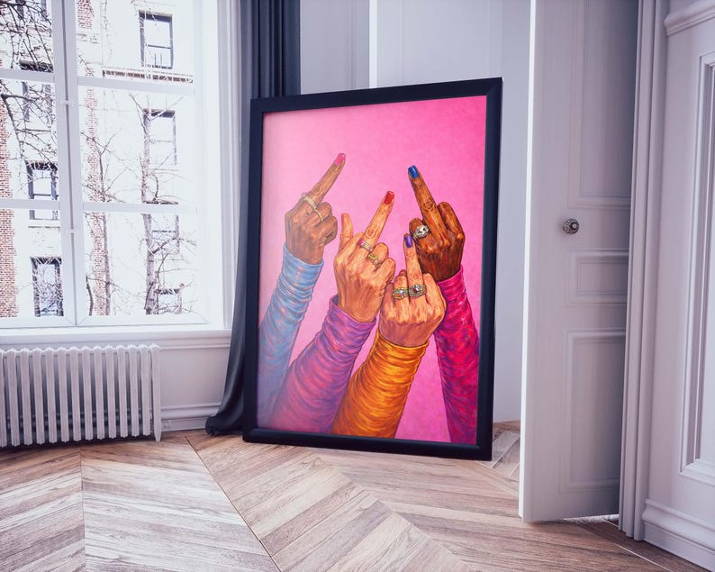 Colorful feminist wall art print with expressive hands and confident gesture