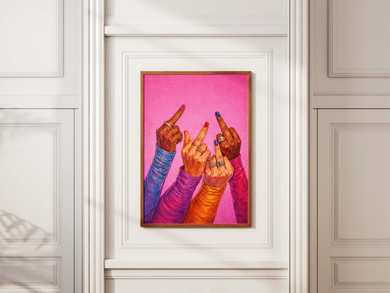Feminist illustration of raised middle fingers with colorful nails and rings, rebel wall art