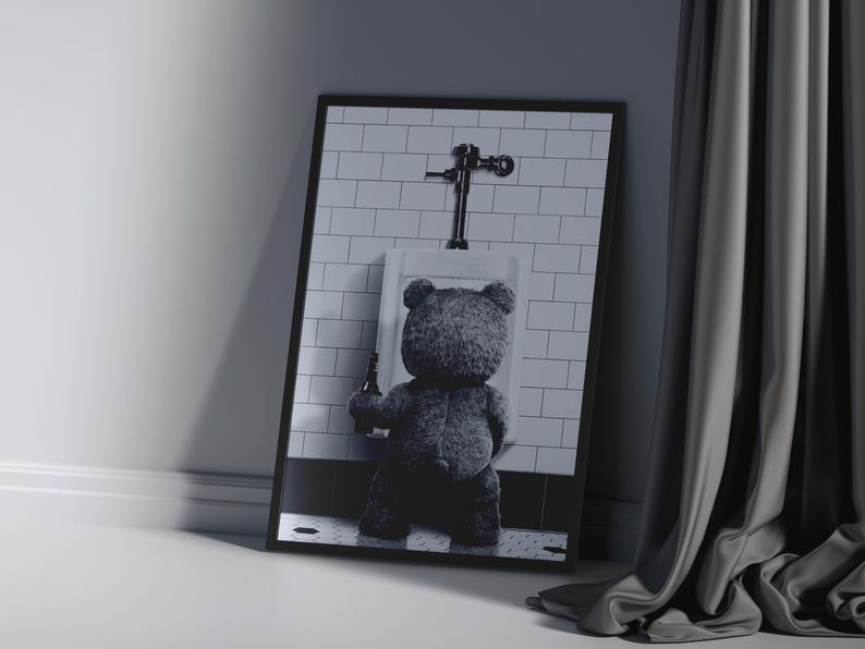 Humorous wall art showing a teddy bear with a beer, perfect for bar or restroom decor.