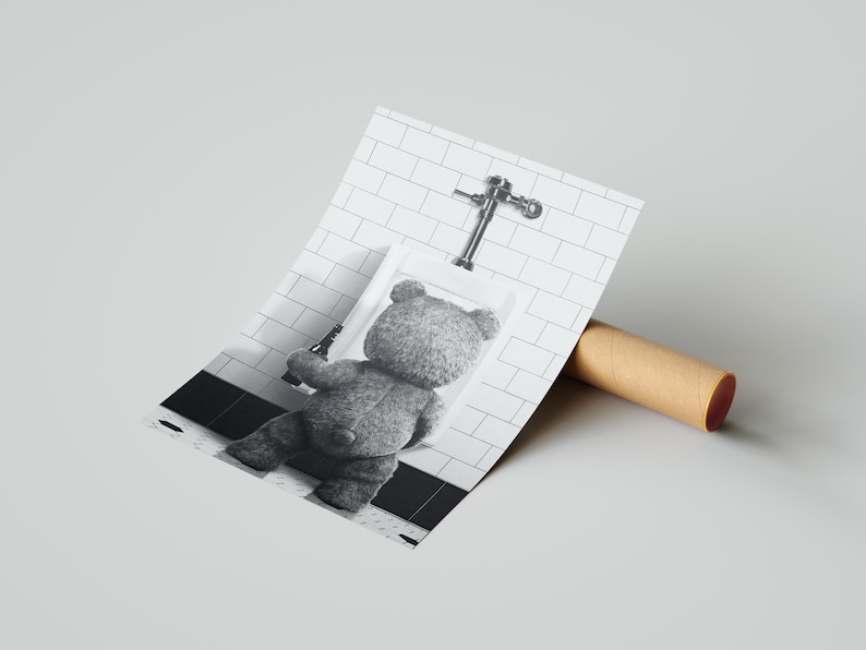 Novelty bathroom wall decor showcasing a teddy bear in a lighthearted and irreverent scene.
