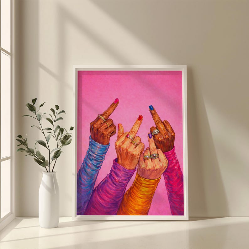 Bold feminist wall art showing expressive hands with rings and painted nails