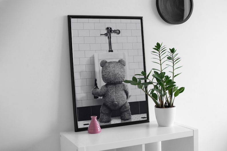 Funny bear bathroom print designed for bar bathrooms, man caves, and guest restrooms.