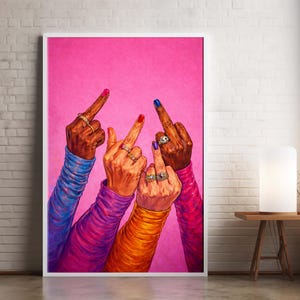 Feminist statement wall art featuring expressive hand gestures and vivid colors