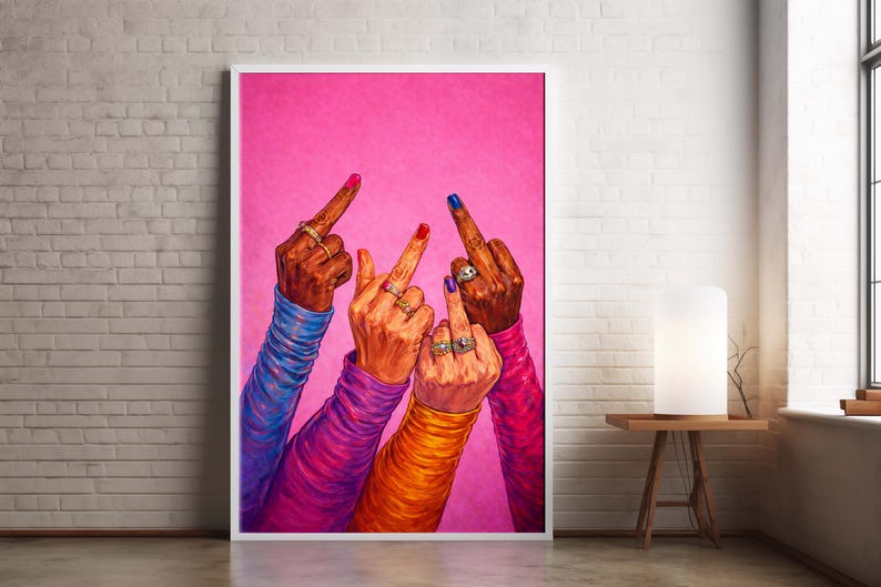 Feminist statement wall art featuring expressive hand gestures and vivid colors