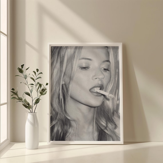 Kate Moss Smoking Poster, Iconic Black and White Fashion Art