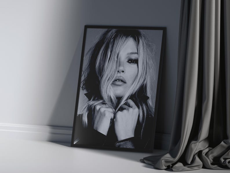 Vintage Kate Moss canvas poster featuring her iconic pose. A perfect addition to any 90s fashion lovers decor, black and white photography style for a retro, chic vibe. Ideal for celebrity wall art enthusiasts and retro home decor. Vintage Fashion