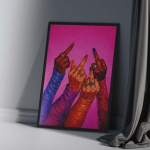 Bold female power illustration with raised fingers, rebel aesthetic wall art