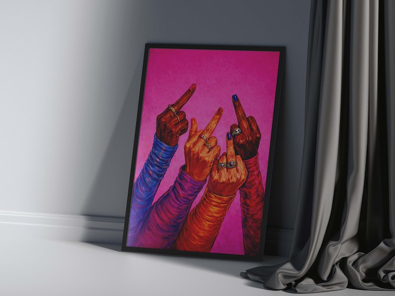 Bold female power illustration with raised fingers, rebel aesthetic wall art