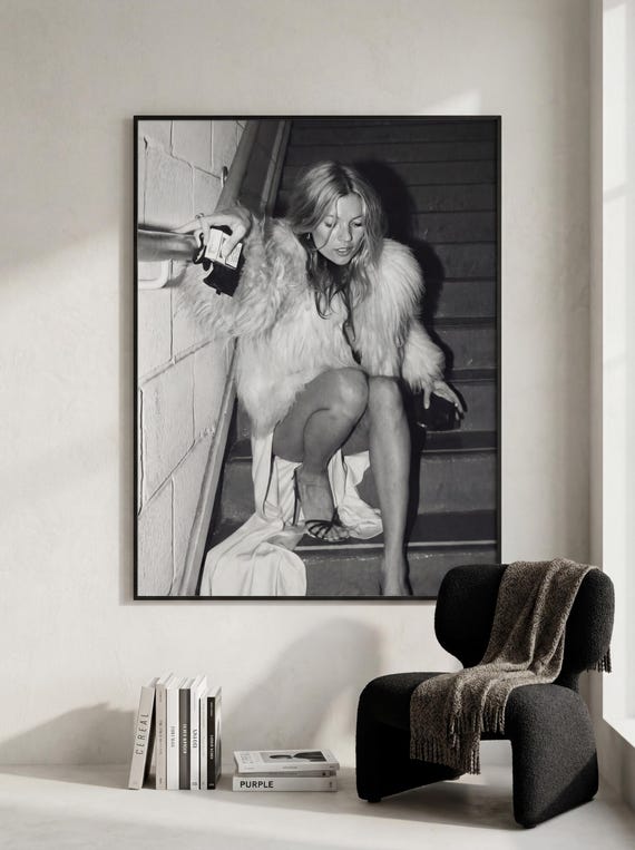 Kate Moss Canvas Poster, Iconic 90s Fashion Photography, Black and White Editorial Art