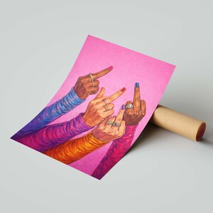 Pop art style feminist illustration with hands, rings, and bold attitude