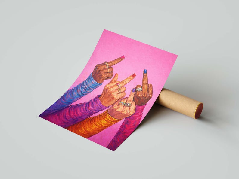 Pop art style feminist illustration with hands, rings, and bold attitude