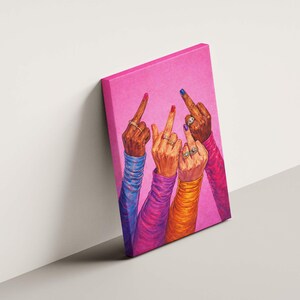 Modern feminist illustration with expressive hands, bold colors, and statement gesture