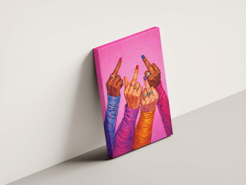 Modern feminist illustration with expressive hands, bold colors, and statement gesture