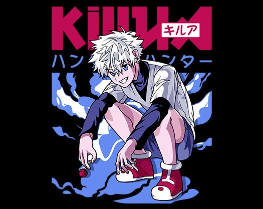 Vibrant digital illustration of killua zoldyck from hunter x hunter