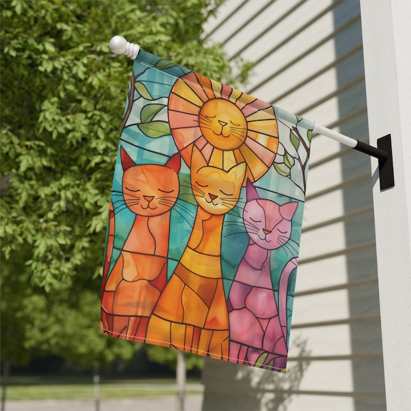 Cat Trio Stained Glass Garden or House Banner - Cute Cats for House Flags, Garden Flags, Spring Flags, Home Decor Aesthetic, Cat Lover