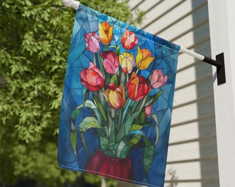 Spring Tulip Stained Glass Garden or House Banner - Floral Tulips for House Flags, Garden Flags, Spring Flags, Home Decor Aesthetic, Flowers